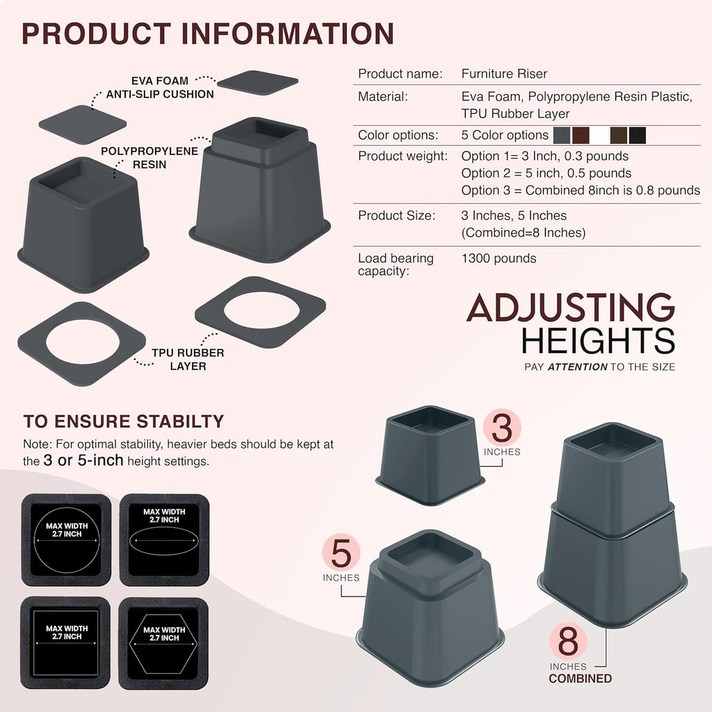 Utopia Bedding Adjustable Bed Risers 3 & 5 Inch, Grey, 4-Pack