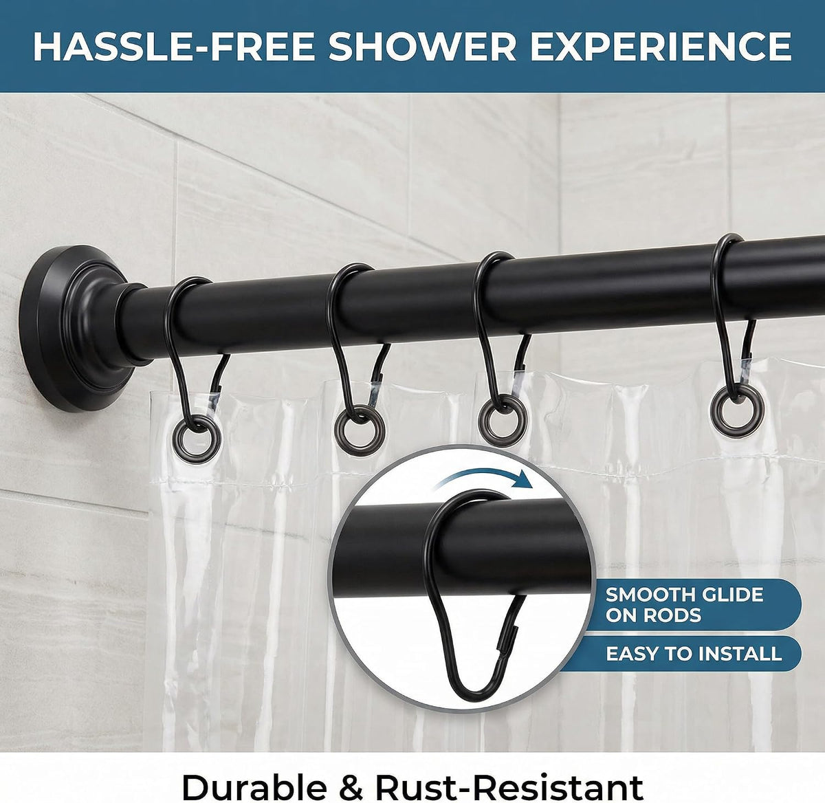 Black Shower Curtain Rings Metal Hooks Ring (24 Pack) Rustproof for Bathroom Shower Rod