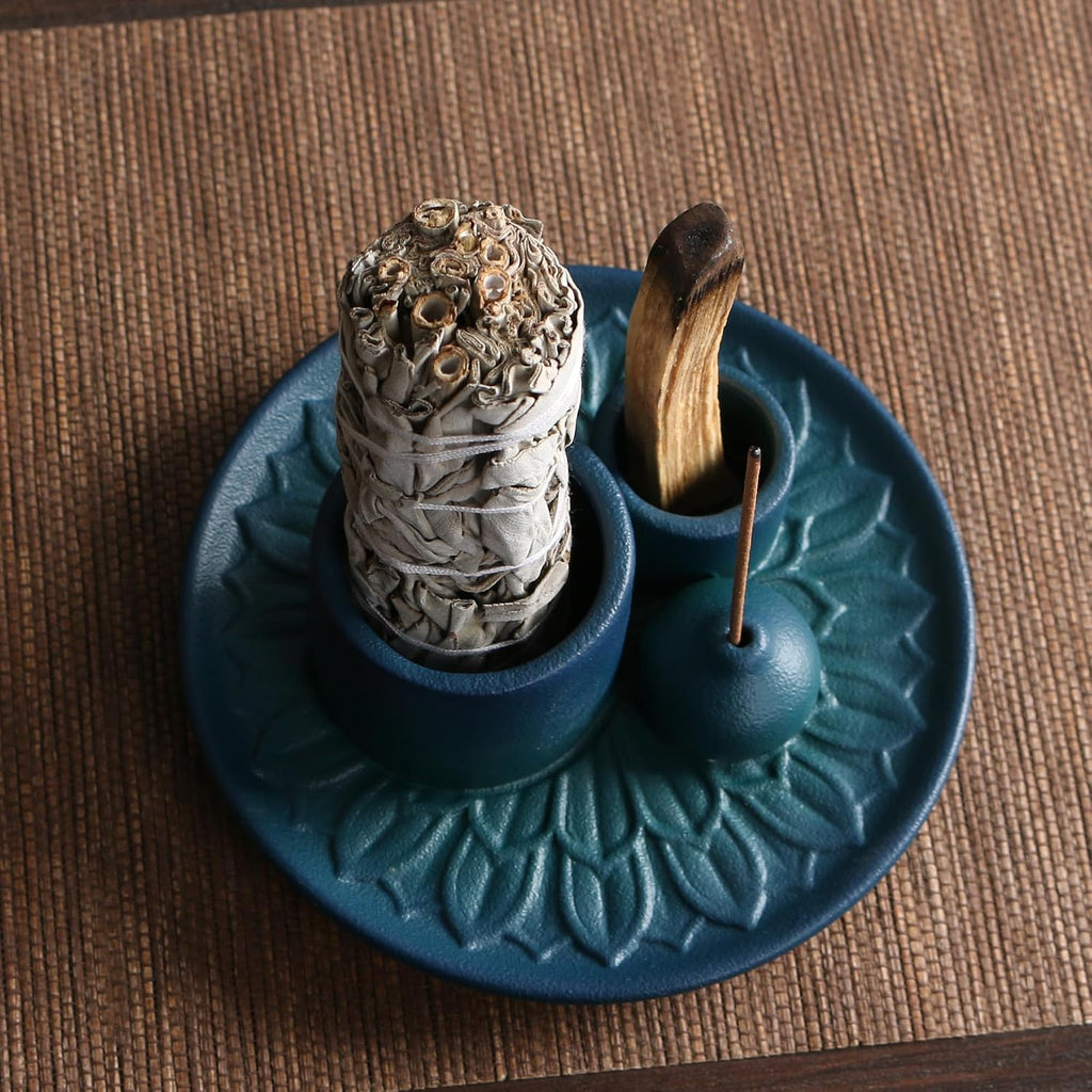 4 in 1 Ceramic Incense Burner, Sage Holder for Burning Bowl, Palo Santo Sticks Holder, Smudge Stick Ash Catcher Tray for Meditation Yoga Room (Blue)