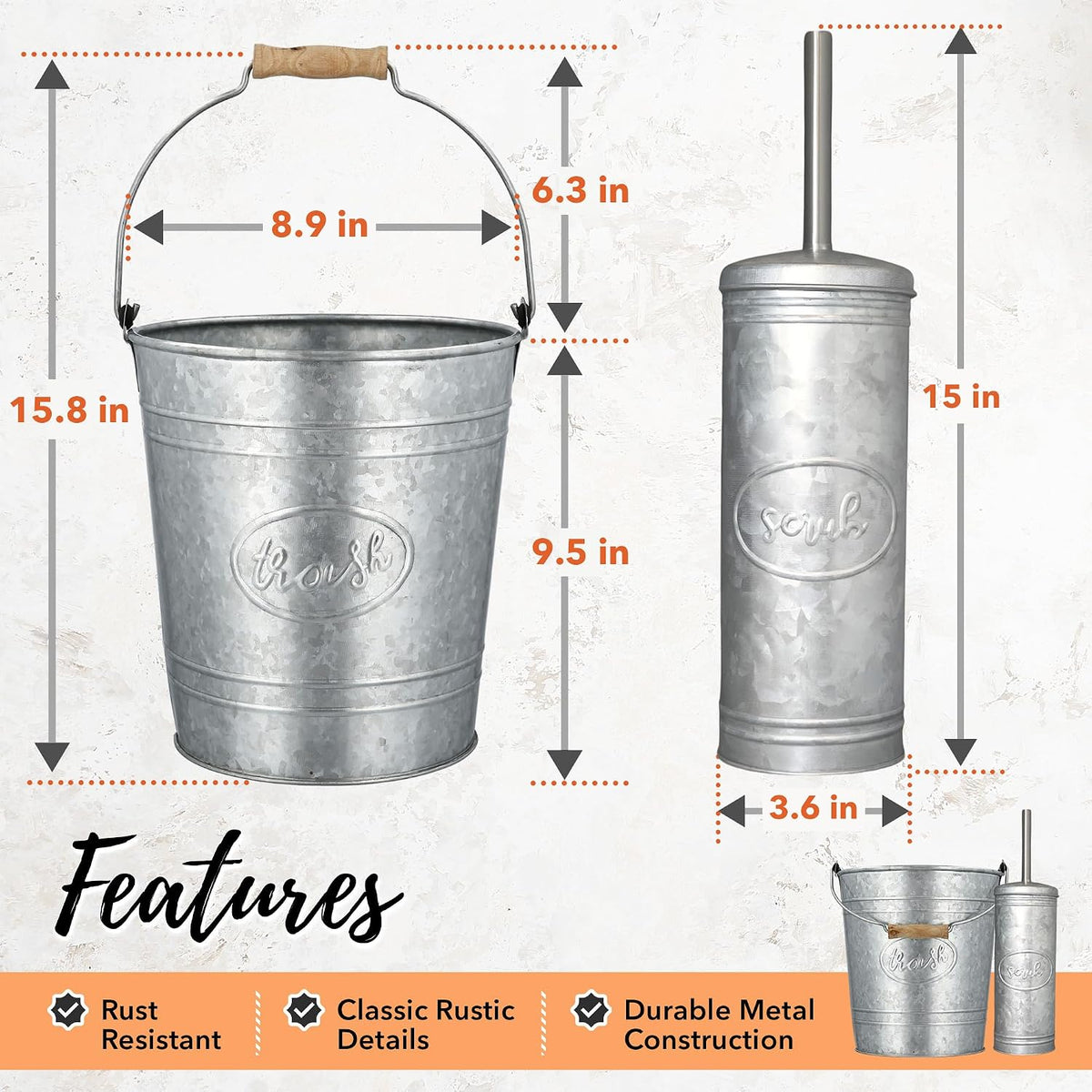 Autumn Alley Farmhouse Bathroom Trash Can and Toilet Brush Set, 2 Gallon
