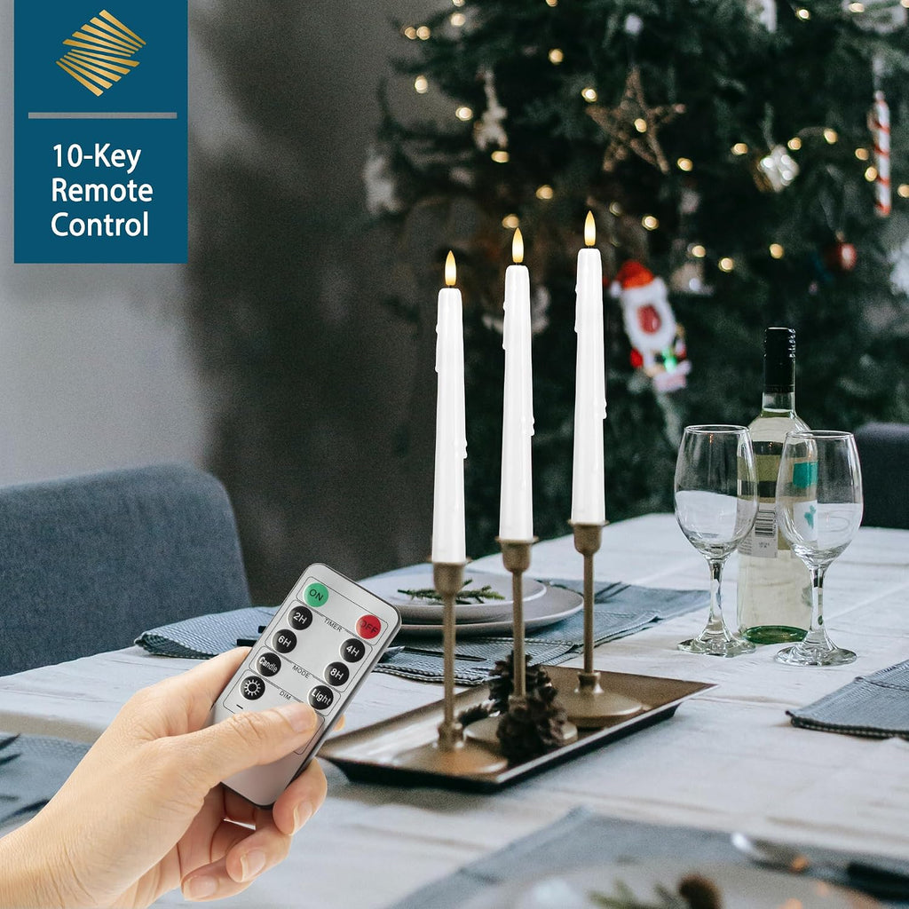 Dripless Flameless Taper Candles 9.6", Battery Operated LED Candles with Remote and Timer, Unique Candlesticks with 3D Flame for Wedding Decor, 6 Pack White