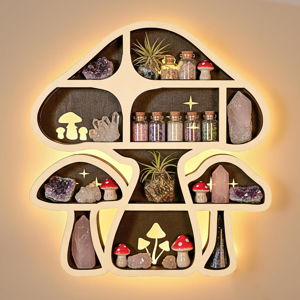 Mushroom Decor Floating Shelves with Lights, Crystal Display Shelf for Wall