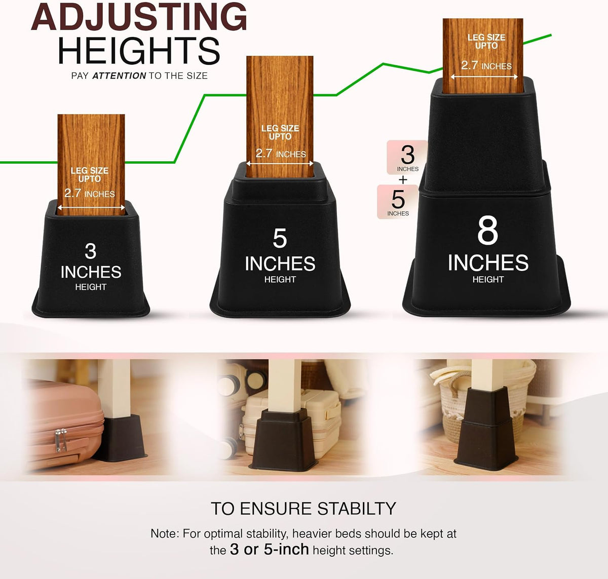 Utopia Bedding Adjustable Bed Risers 3 & 5 Inch, Black, 36-Pack