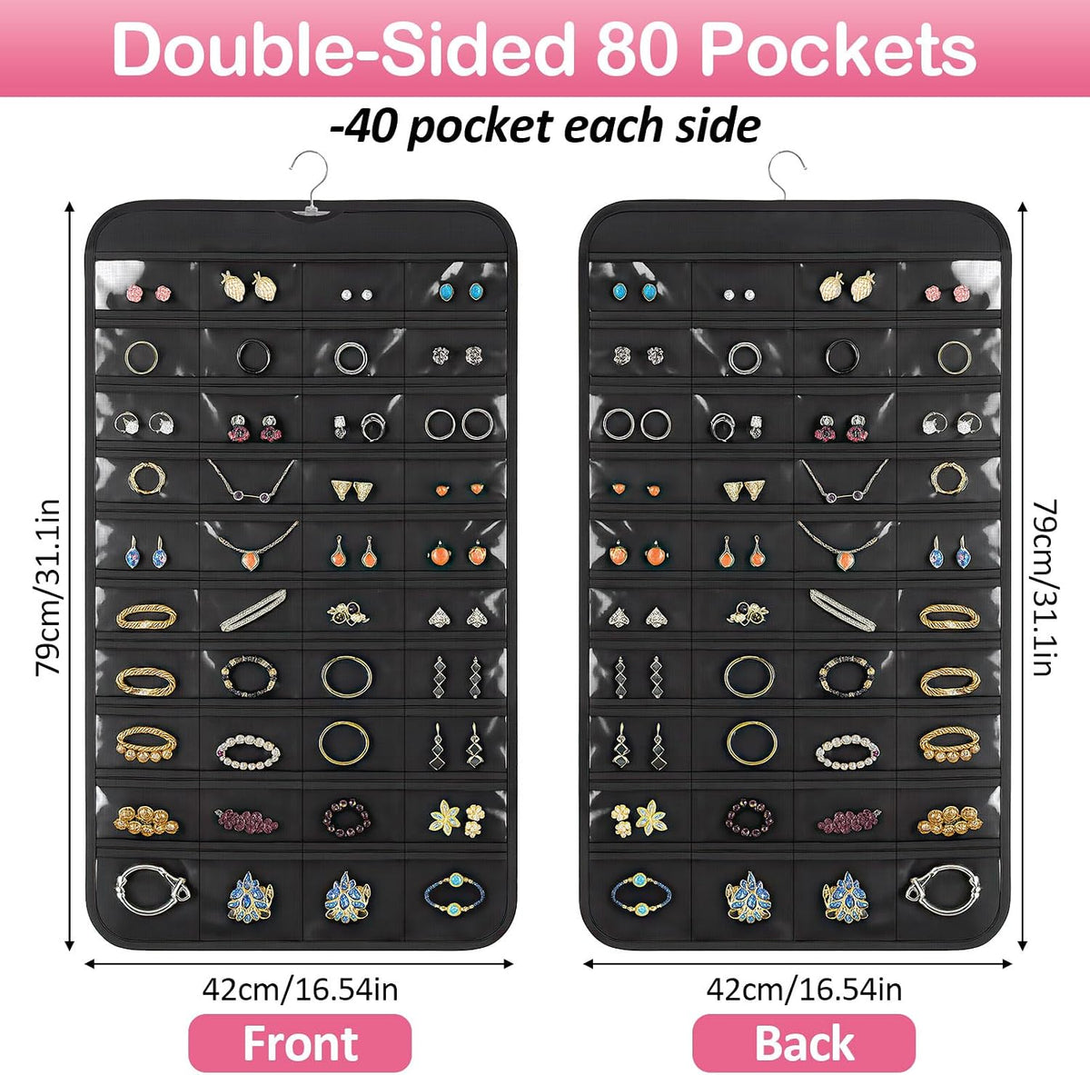 1 Pack Hanging Jewelry Organizer, 80 Clear Pockets Earring Storage