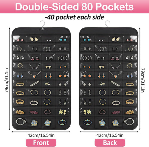 1 Pack Hanging Jewelry Organizer, 80 Clear Pockets Earring Storage