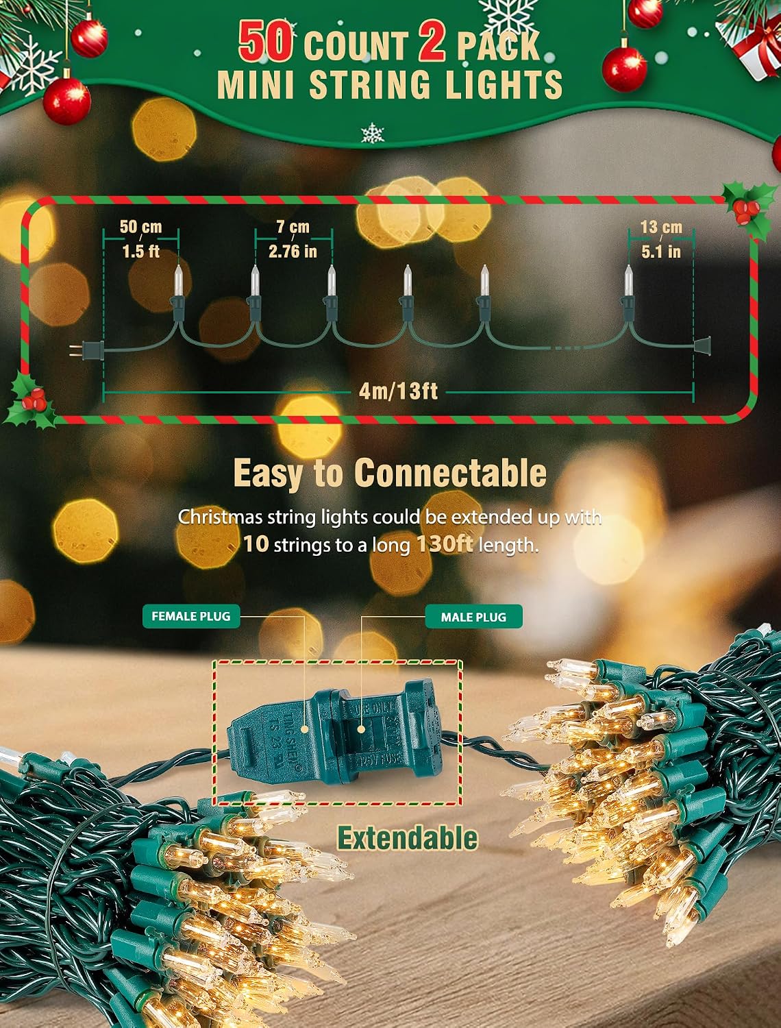 Hopolon Clear Christmas Lights Set 2 PACK 50 Count Green Wire Mini Lights