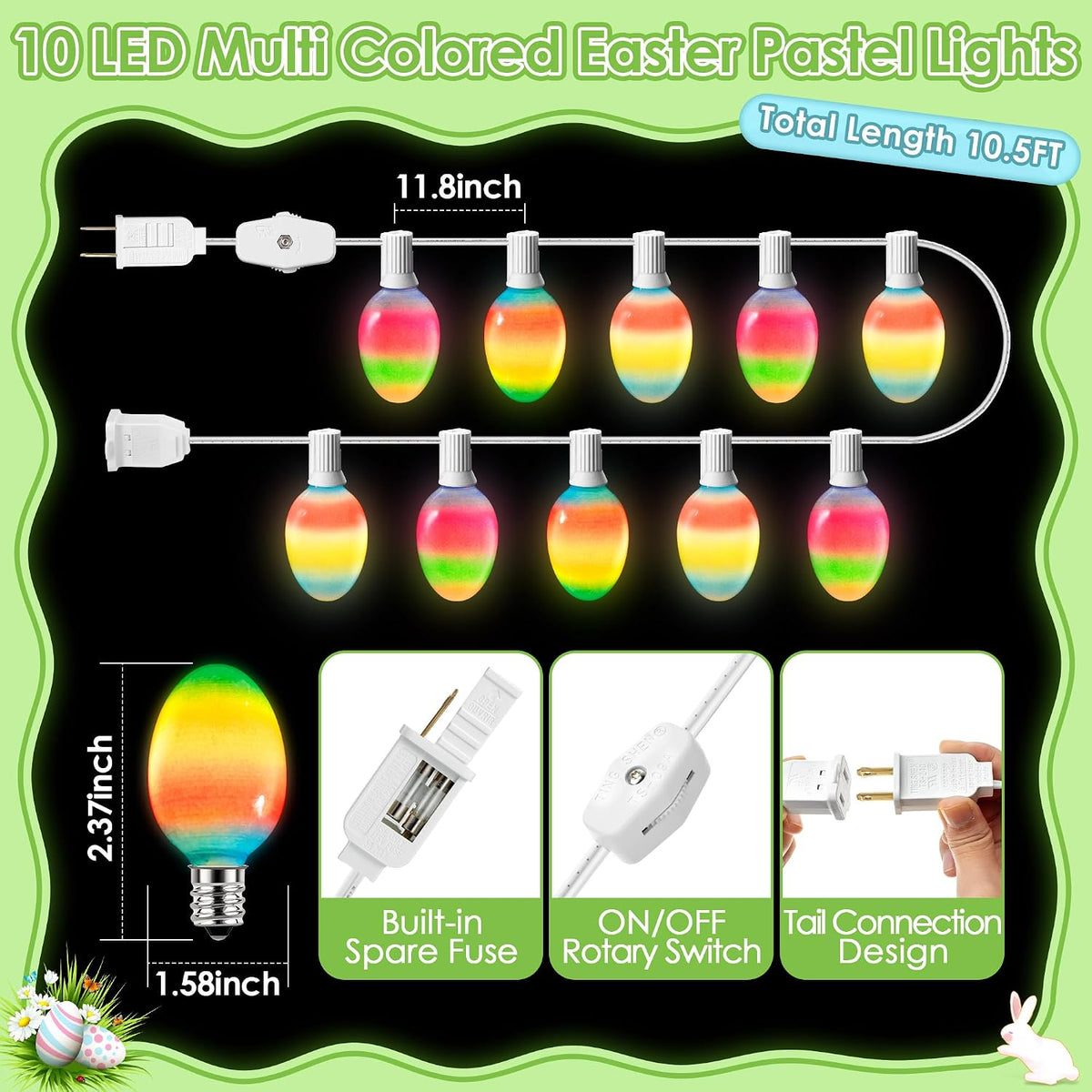 Enhon 1 Pack Easter Egg String Lights, 10.5FT Multi-Color Pastel LED Egg Lights, End-to-End Connectable String Light for Indoor & Outdoor Easter Party, Fireplace, Mantel, Entrance Decor