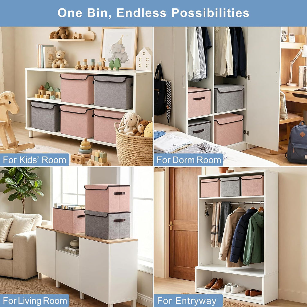 Bagnizer Linen Fabric Foldable Storage Cube Bin Organizer Basket with Flip-Top Lid & Handles, Large Clothes Blanket Box for Home, Office, Closet, Gray & Pink, 4 Pack 14.6 x 9.5 x 9.5”