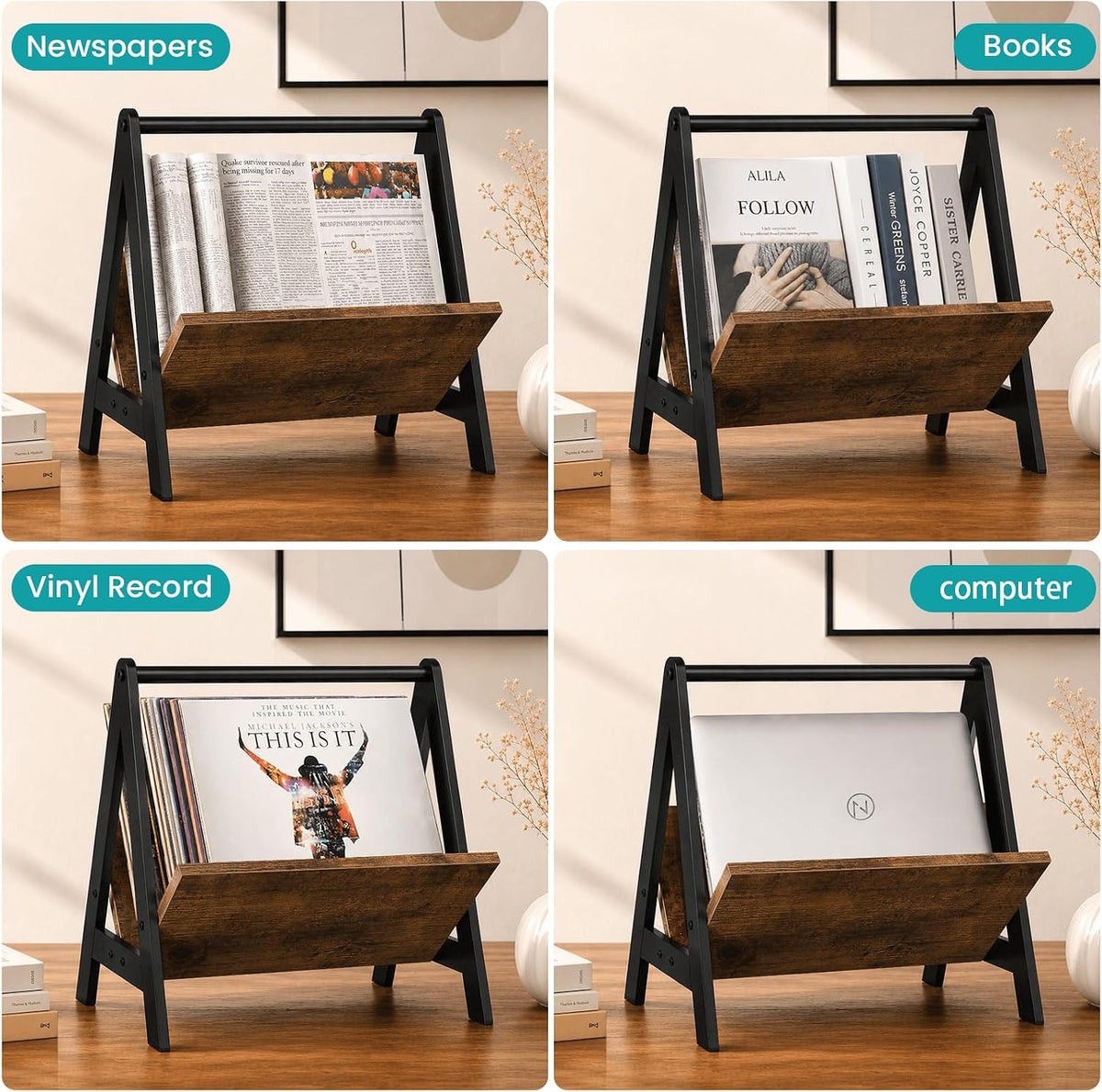ELITEROO Magazine Holder, Wood Magazine Rack Floor, Newspaper Storage Rack