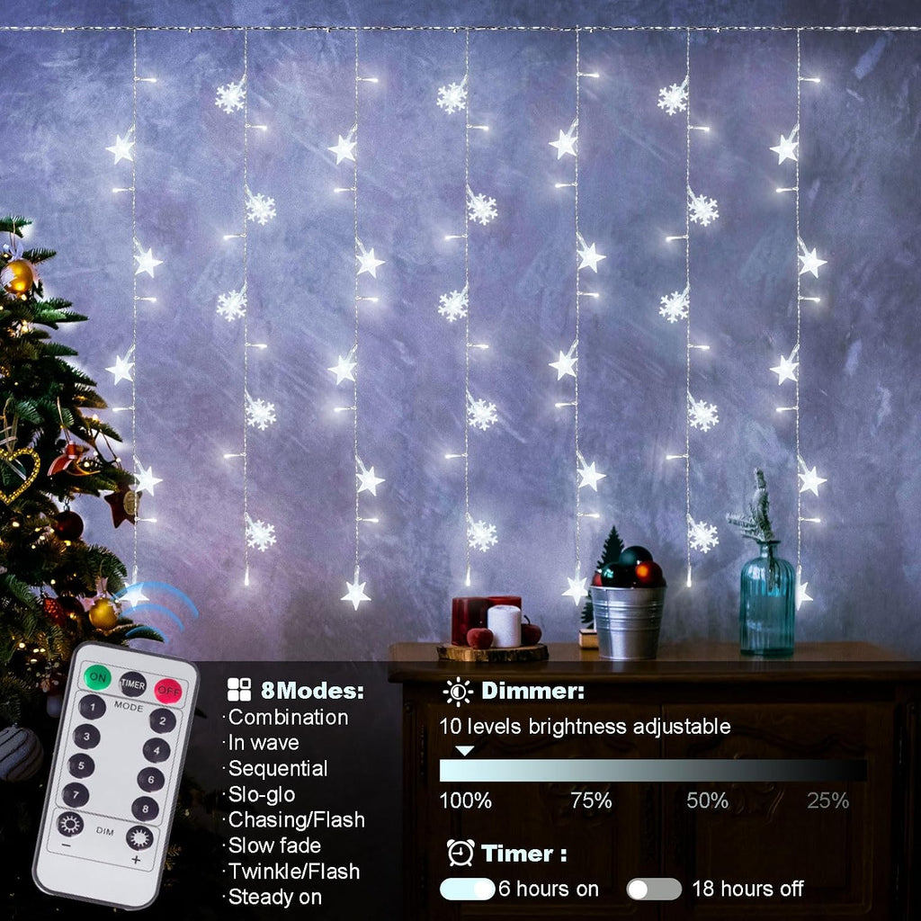 Newhale 8 Modes Christmas Curtain String Lights with Snowflake and Star, USB Plug in Wall Lights Christmas Decorations Indoor, Xmas Window Light Decor, White