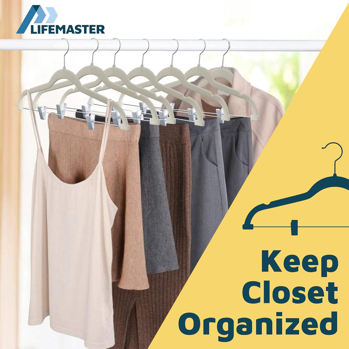 Lifemaster Velvet Skirt Hangers – with Adjustable Clips, 360 Degree Swivel Hook, and Non-Slip Shoulder Notch, Holds Up to 10 lbs, for Organizing Skirt, Pants, Dress, and Clothes, Pack of 50, Ivory