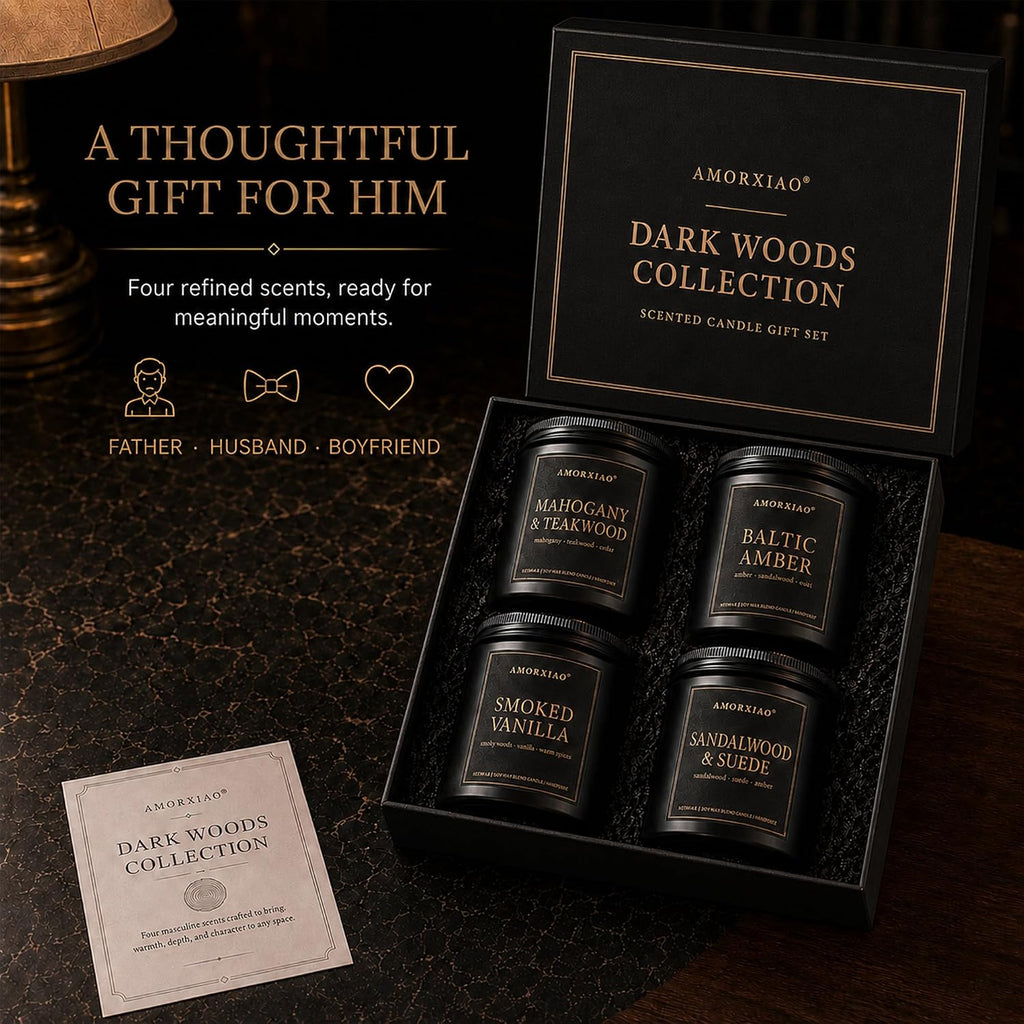 Scented Candles for Men, 4 Pack Dark Woods Manly Gift Set, 36 oz Total