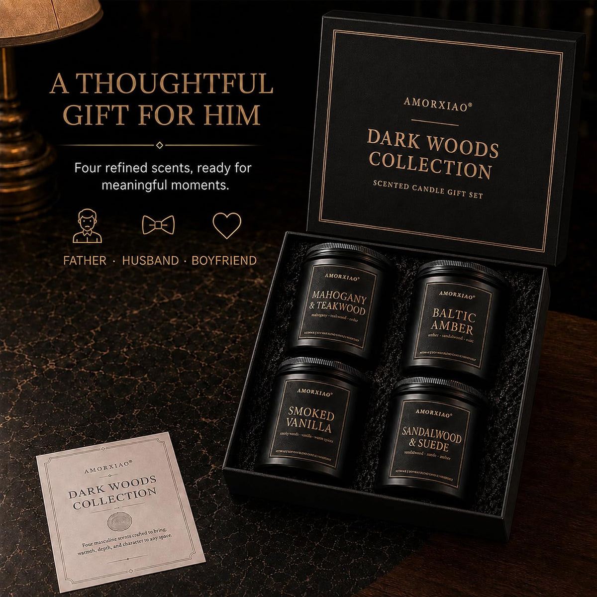 Scented Candles for Men, 4 Pack Dark Woods Manly Gift Set, 36 oz Total