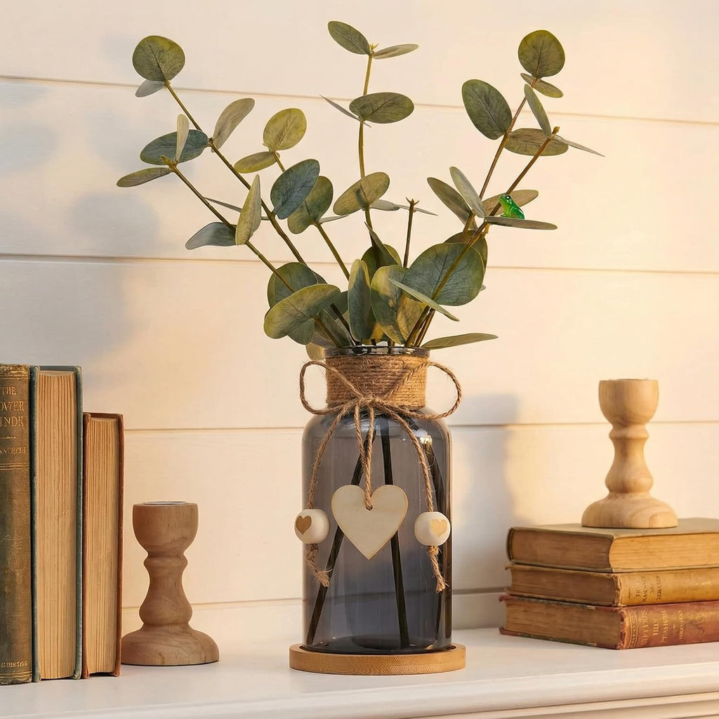 Artificial Eucalyptus Greenery Stems in Glass Vase,15" Doule Side 3D Fake Plants Eucalyptus Leaves faux Greenery for Centerpiece Table Decorations Home Room Decor office Desk Green Decor (Black)