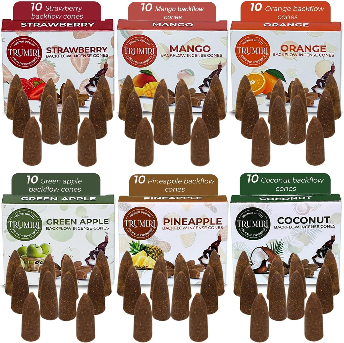 Fruity - Backflow Incense Cones for Waterfall - Scented Inscents-Cones - Pineapple, Strawberry, Coconut, Mango, Apple, Orange - Insiensos Aromaticos - 6x10=60 Large Variety Pack