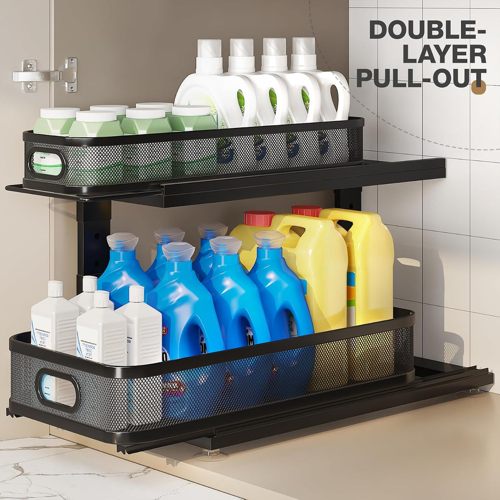 2 Pack 21IN-Depth Under Sink Organizer With Next-Gen Ball-Bearing Slides,2-Tier Precision Mesh Pull Out Cabinet Storage for Bathroom&Kitchen,Height Adjustable Drawers Shelf,Anti-rust-Black