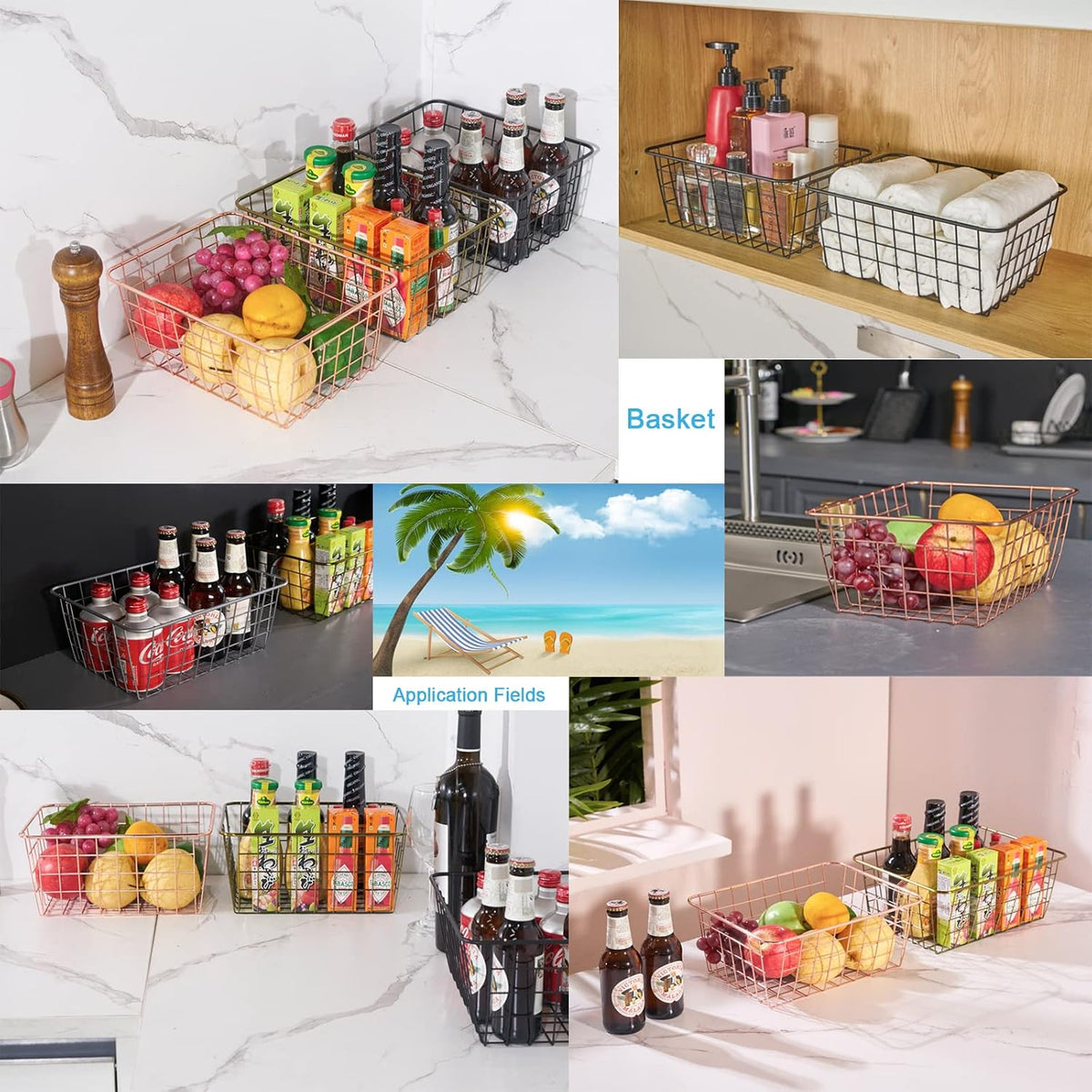 JUNCHU CHERRY Wire Kitchen Storage Basket 4 Packs,Perfect Pantry Organization Accessories Baskets,Laundry Basket,Countertop Organiztion,Suitable for Kitchen,Bathroom,Bedroom,Tabletop,Stackable,Silver