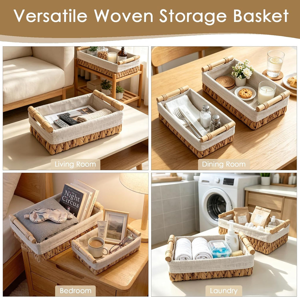 Water Hyacinth Wicker Storage Basket with Wooden Handle, Decorative Toilet Paper Baskets & Bathroom Organizer for Toilet Tank Top, Shelves, Bedroom, Countertop,Home, Office Storage Bins, 2 Pack