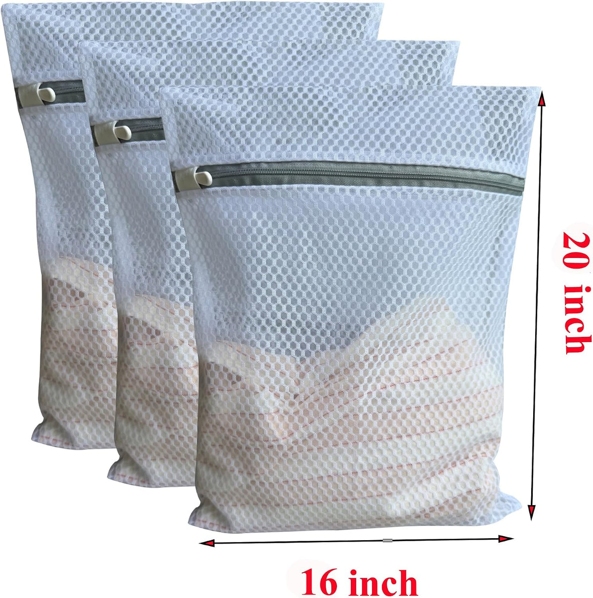 3Pcs Mesh Laundry Bags Durable Zipper Wash Bags for Delicates, Lingerie, Bras, Underwear, Baby Clothes, Shoe, Sock - Protect Garments in Washing Machine Pouch Net Bag Travel (3 Large(16 x 20 Inches))