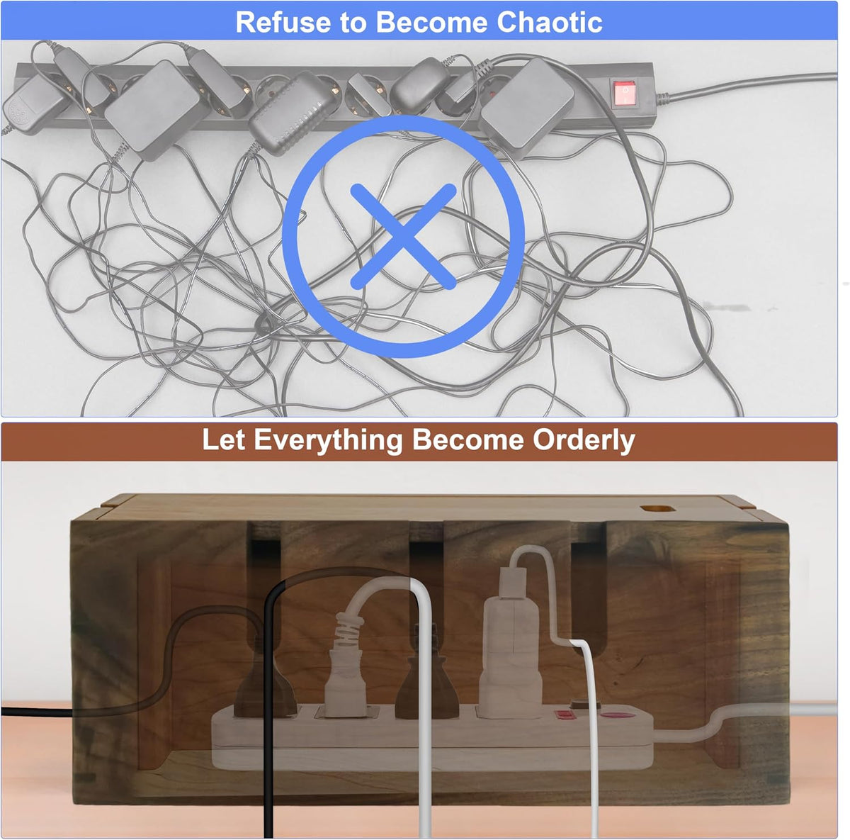 Walnut Wood Cable Management Box for Power Strip, Magnetic Lid