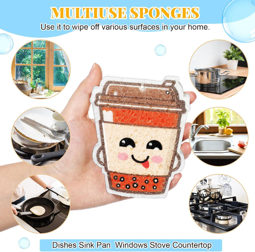 Newtay 8 Pack Cute Kitchen Sponges Dish Set Compressed Non-Scratch Reusable Kitchen Cleaning Household Sponges for Dishes, Pans, Kitchen, Fruit, Plate, Bathroom(Bubble Tea)