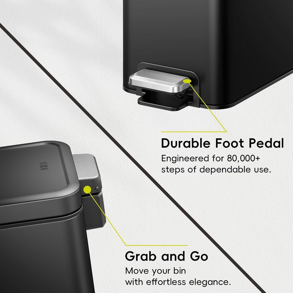 EKO Small Bathroom Trash Can with Lid Soft Close, Step Pedal, 10 Liter / 2.6 Gallon Stainless Steel Garbage Can with Removable Inner Bucket, Anti-Fingerprint Finish (Matte Black)