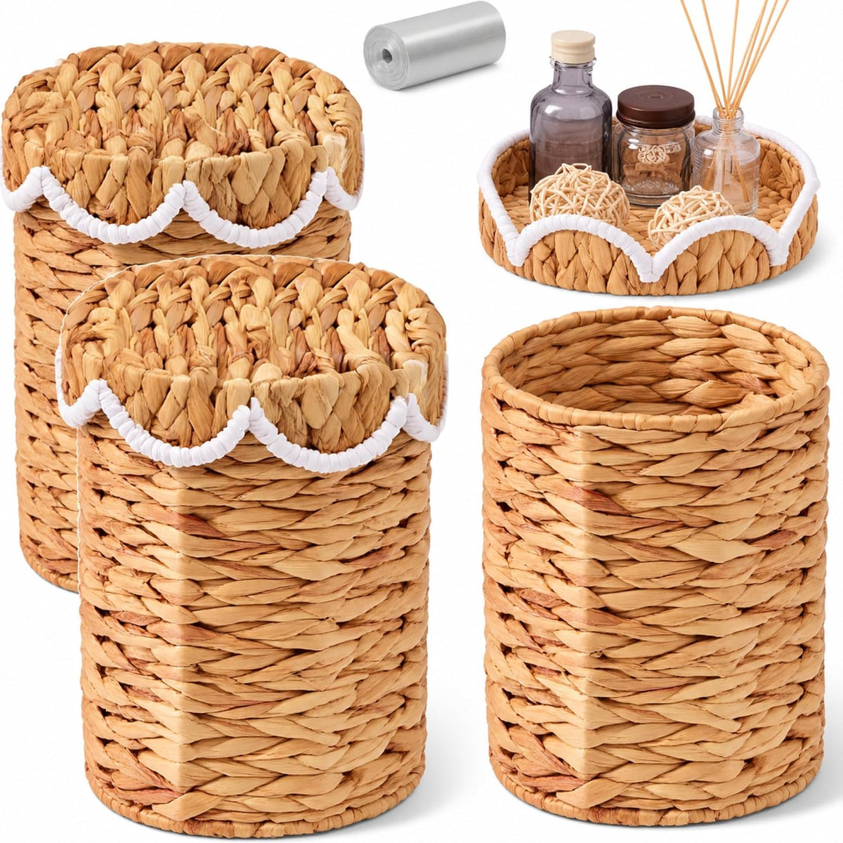 Ziliny 2 Pcs 1.7 Gallon Wicker Trash Can with Lid, Nature Waste Basket