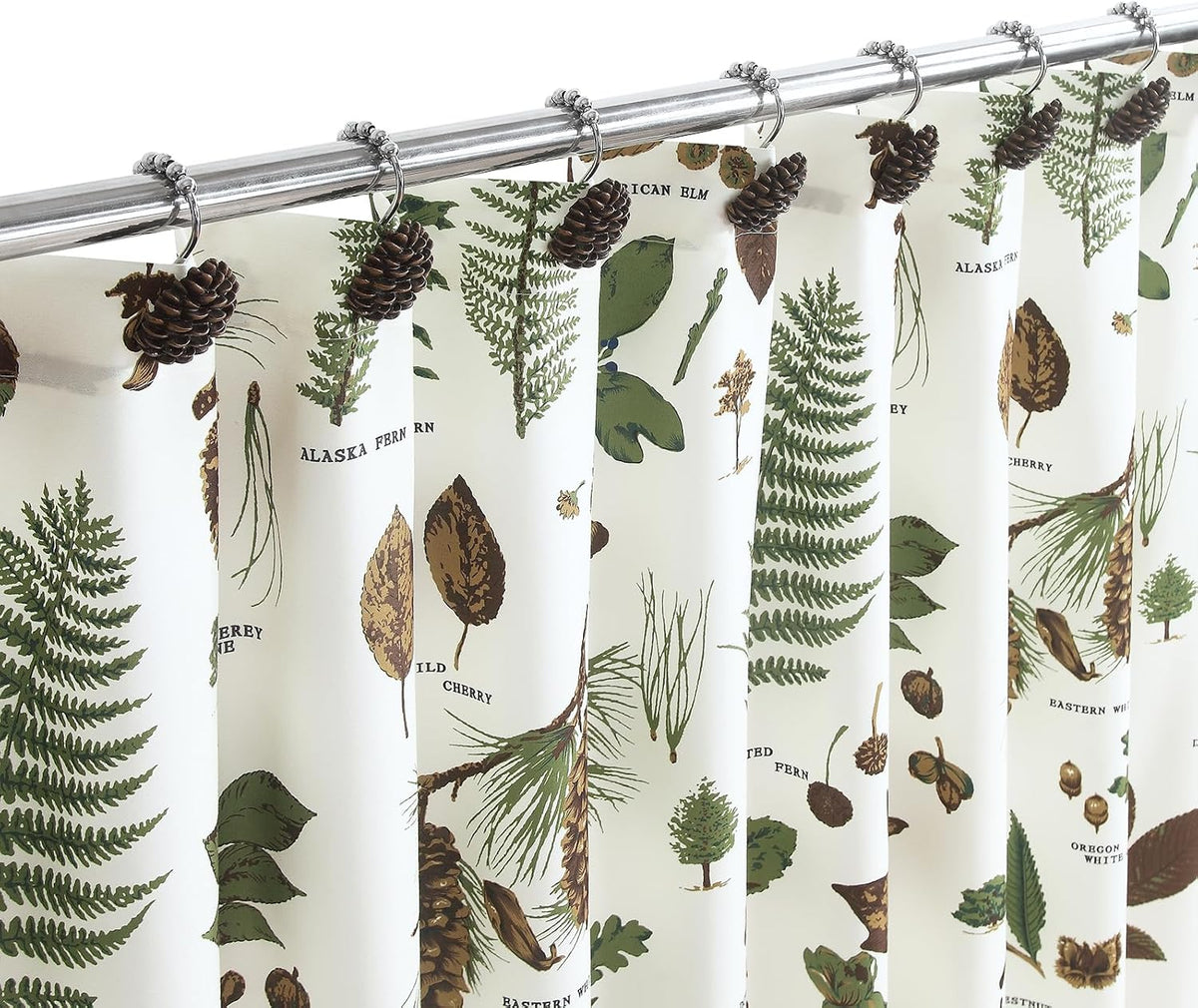 Brown Pinecone Shower Curtain Hooks, Rustproof Rustic Cabin Shower Hooks for Shower Curtain, 5 Roller Ring Balls Lodge Christmas Decorative Bathroom Curtain Hooks, Set of 12