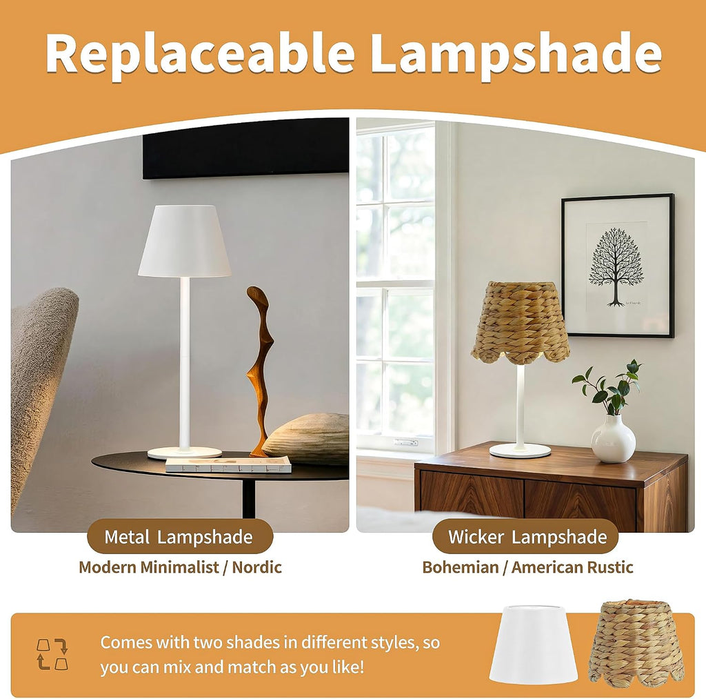 Cordless Rechargeable Table Lamp with Bohemian Wicker Water Hyacinth Lampshade, Battery Powered Top Touch Table Light with 3 Color Stepless Dimming for Patio Restaurant (White)