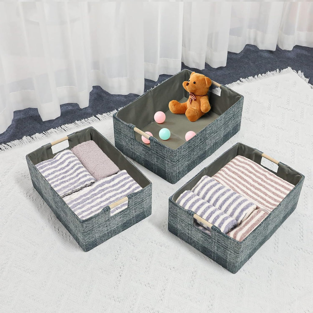 Fabric Storage Box, 15x11in Foldable Cotton Linen Basket with Wooden Handle