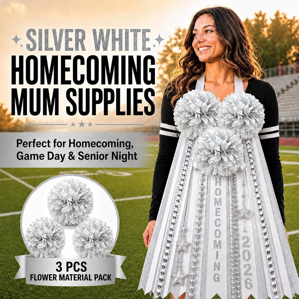 3 Pcs Silver and White Homecoming Mum Flowers, 6.5In Artificial Mum Flowers