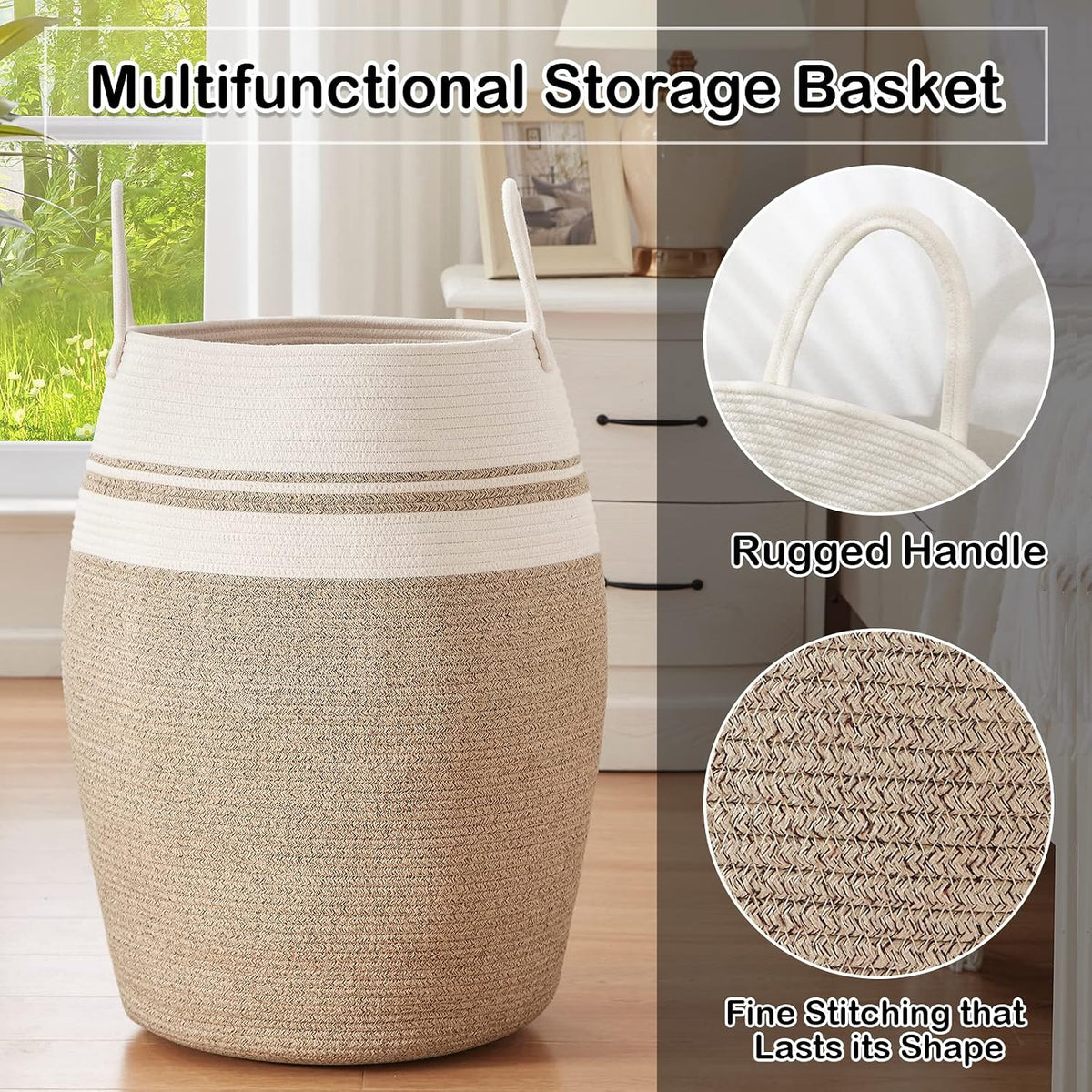 OIAHOMY 105L Laundry Hamper Woven Cotton Rope Large Clothes Hamper Brown