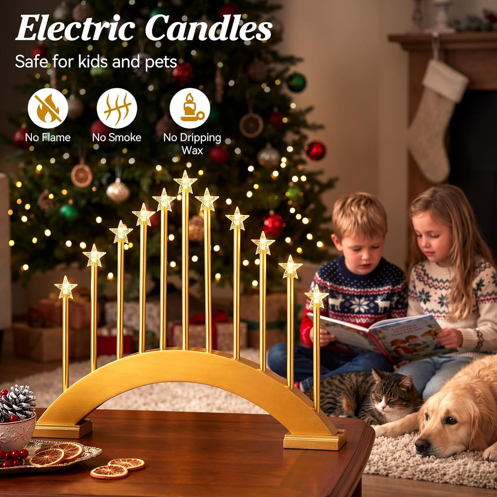 Lewondr Christmas Swedish Candelabra, 11 Flameless Taper Candles, Gold