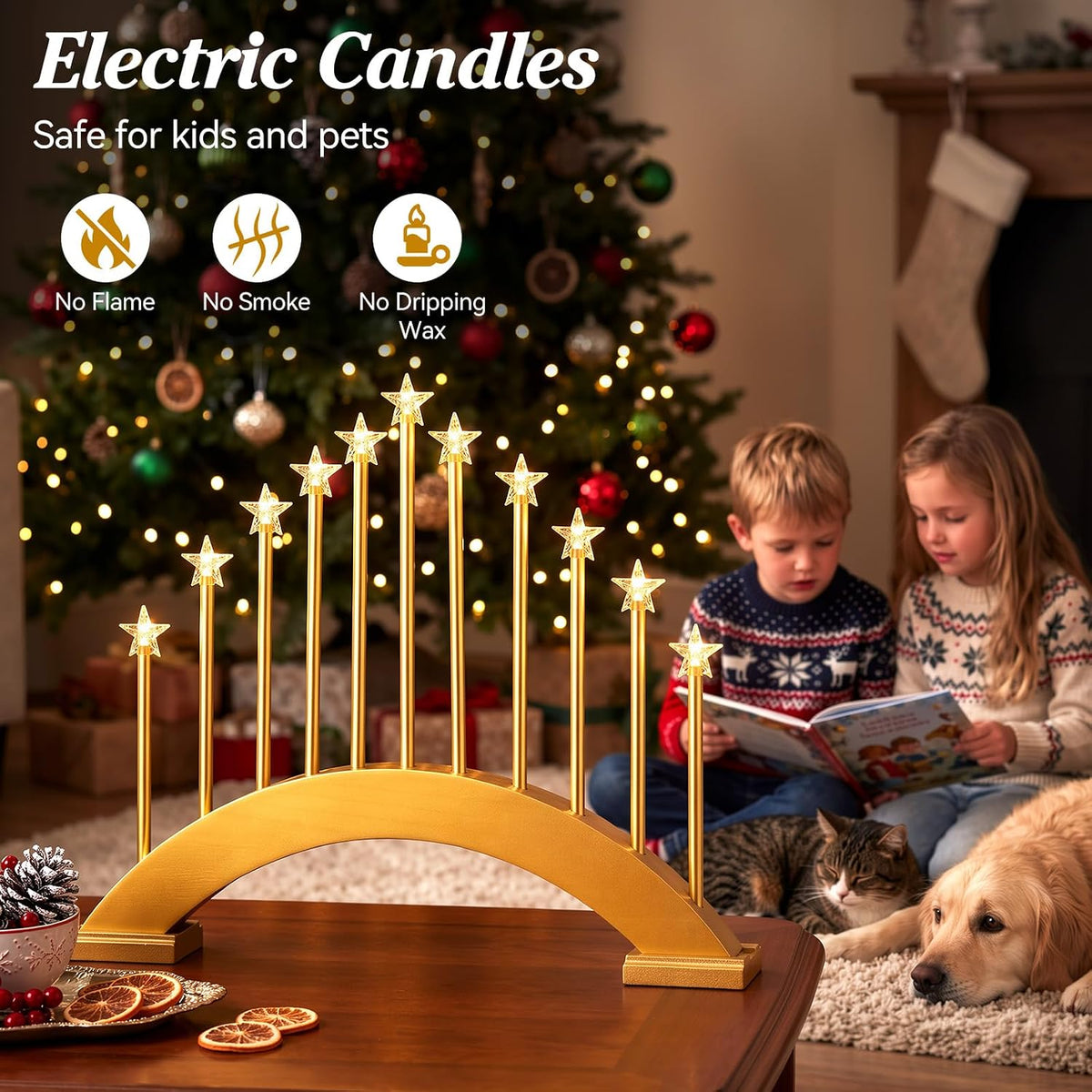 Lewondr Christmas Swedish Candelabra, 11 Flameless Taper Candles, Gold