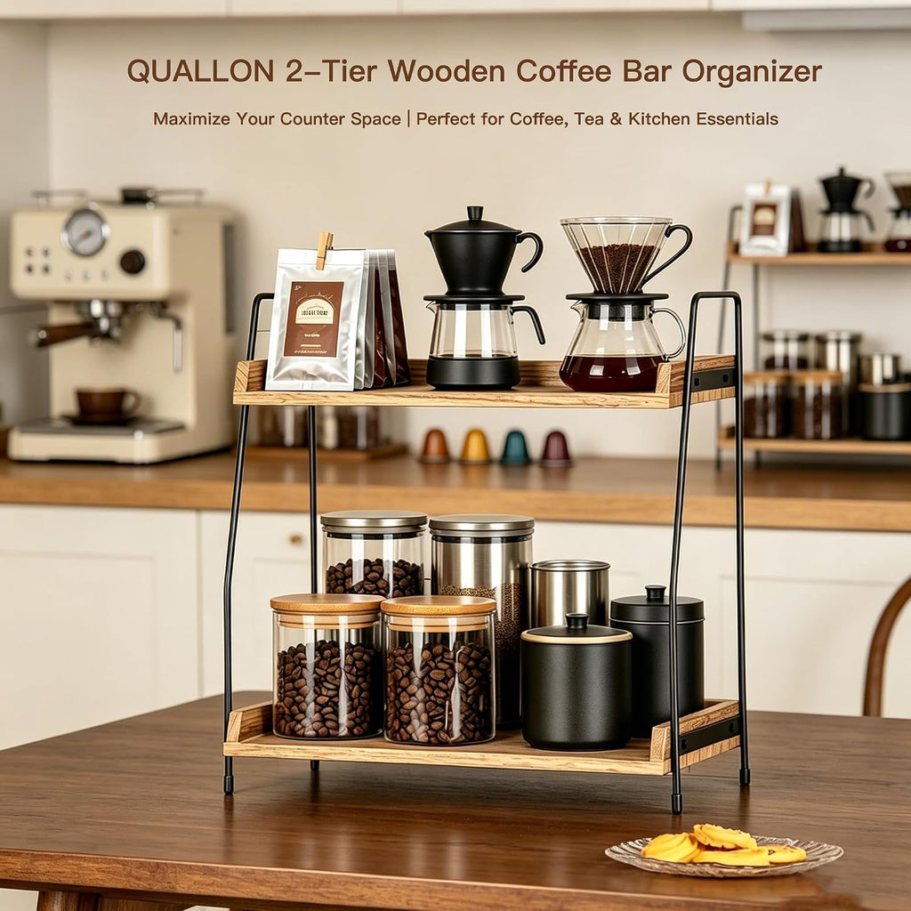 QUALLON Coffee Bar Accessories and Organizer, Coffee Station Organizer 2 Tier Bathroom Counter Organizer, Wood Coffee Tray, Bathroom Vanity Organizer, Countertop Shelf for Kitchen, Coffee Lover