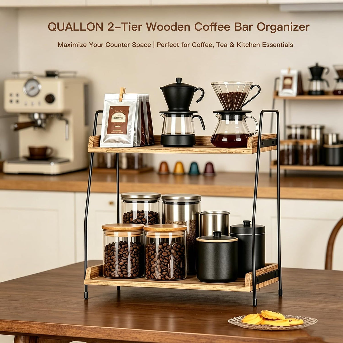 QUALLON Coffee Bar Accessories and Organizer, Coffee Station Organizer 2 Tier Bathroom Counter Organizer, Wood Coffee Tray, Bathroom Vanity Organizer, Countertop Shelf for Kitchen, Coffee Lover