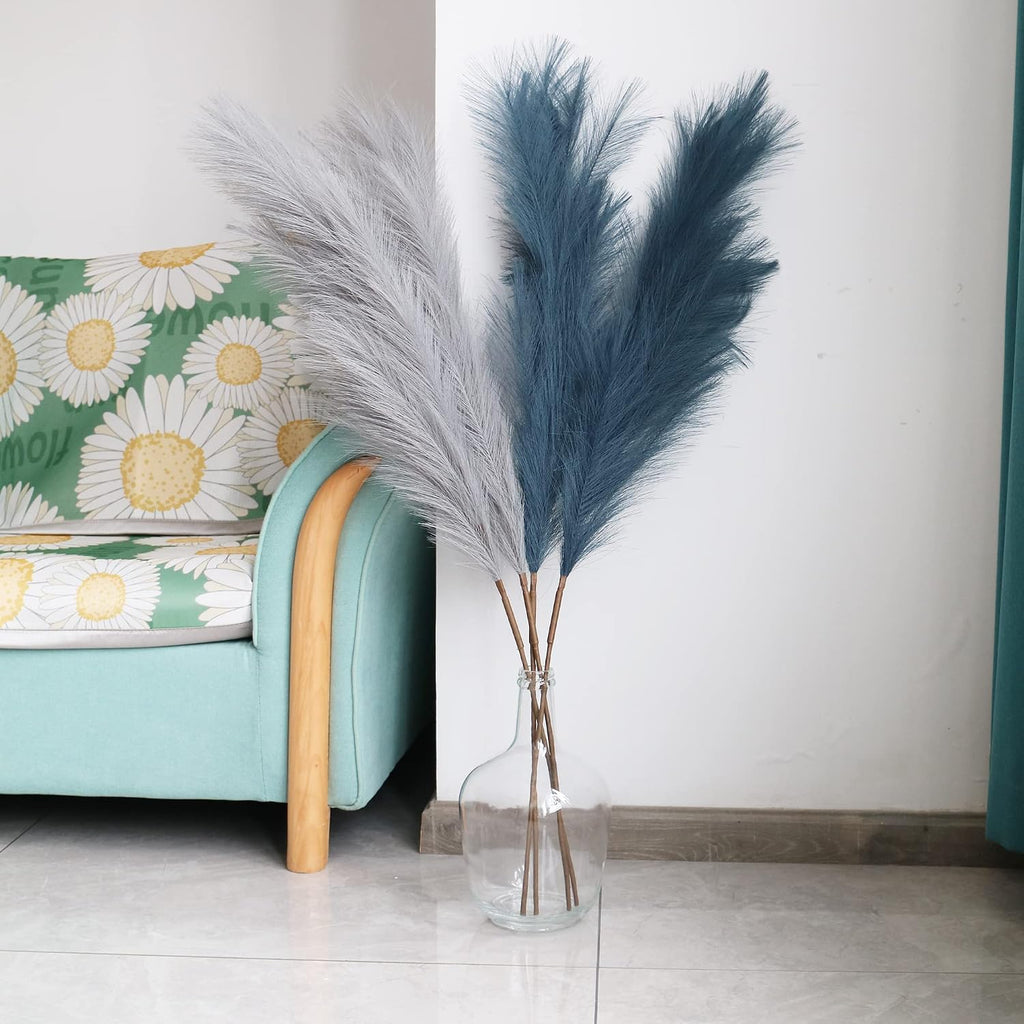 4pcs Faux Pampas Grass Tall 43” / 3.6ft, Non-Shedding Large Artificial Fluffy Reed Fake Flower Feather Arrangement for Floor Vase Filler Boho Farmhouse Home Wedding Decor (Grey& Navy Blue)