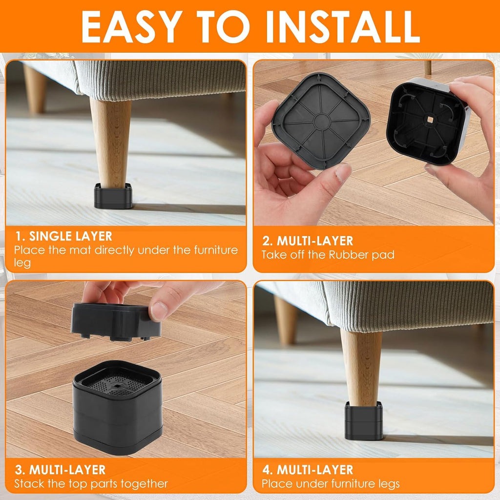 24 Pack Furniture Risers Adjustable Bed Risers Heavy Duty Lifts Height 1", Square Stackable Bed 1, 2 or 3 Inch for Desk Leg Table Couch Sofa Chair Frame Legs Dorm, Black