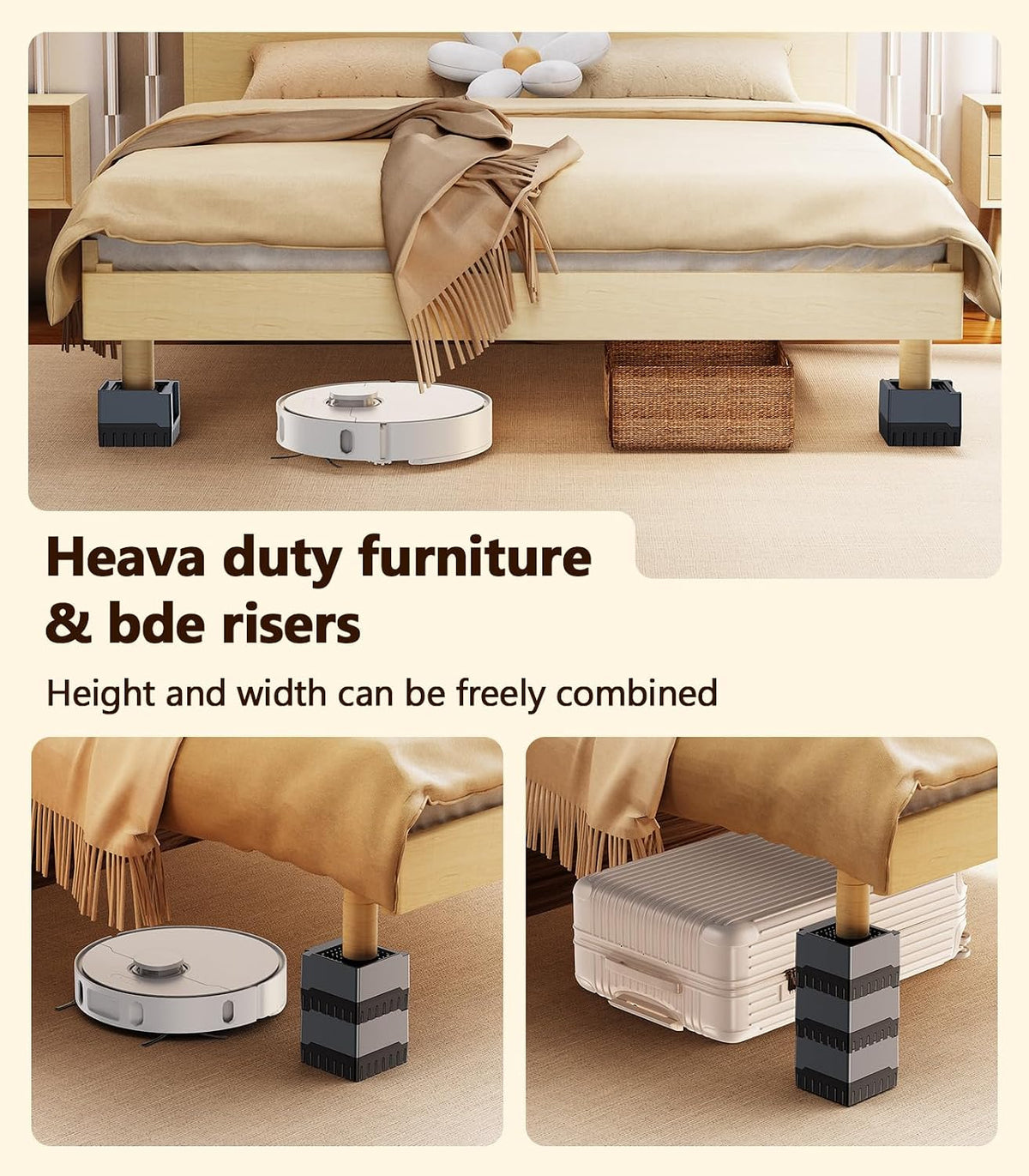 Bed Risers & Furniture Risers Heavy Duty 1000lbs, 4-Pack（Gray）