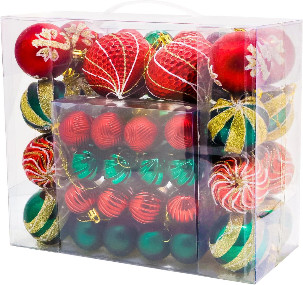 48PCS Christmas Balls Ornaments Set, 3.15 Inch Plastic Green and Red Christmas Baubles Hanging Balls for Xmas Tree Decorations