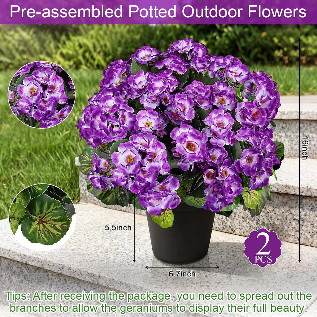 2 Pcs Artificial Flowers Potted for Outdoor, Pre-Made, Purple