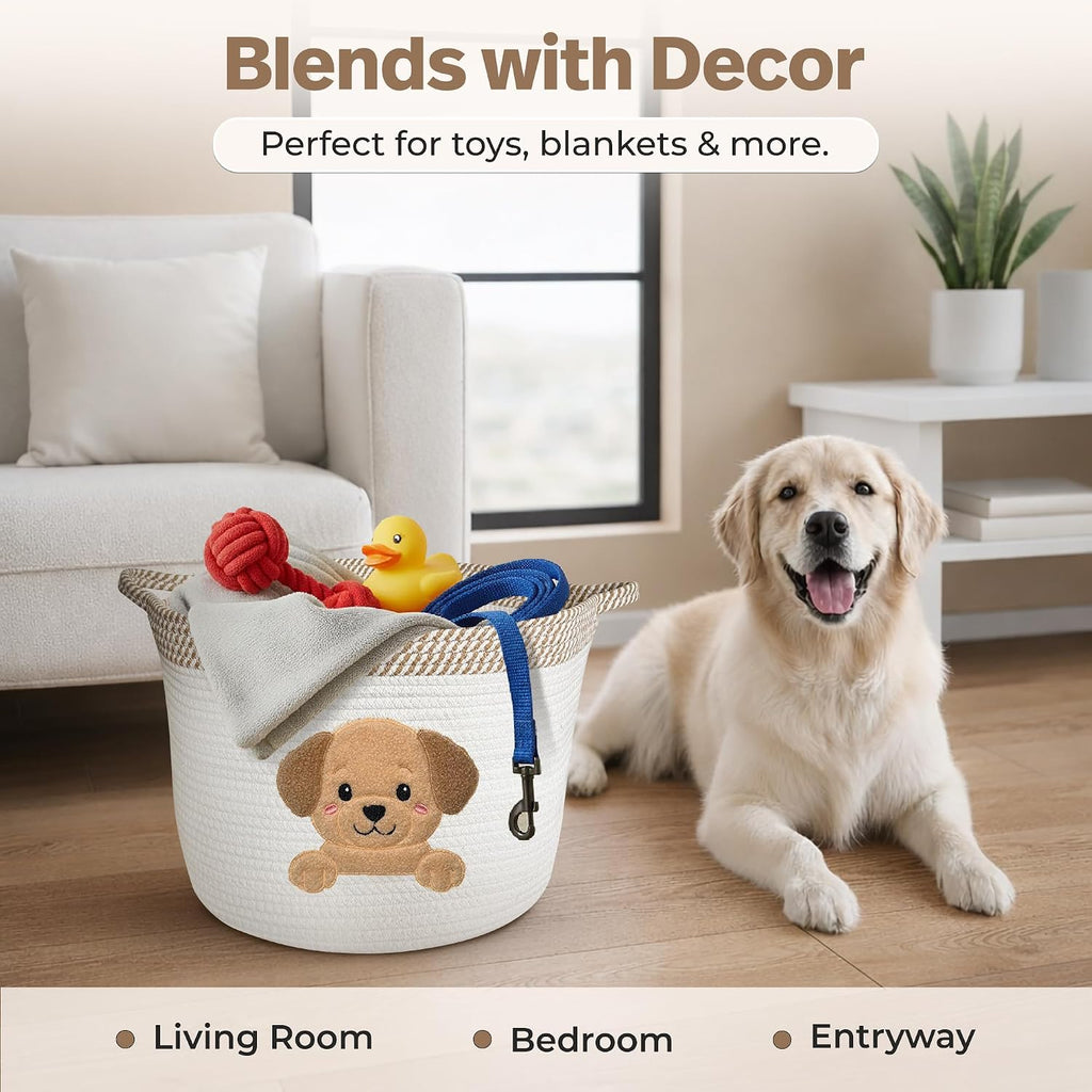 Golden Retriever and Lab Dog Toy Basket, Cotton Rope Storage Bin, 15x11 in