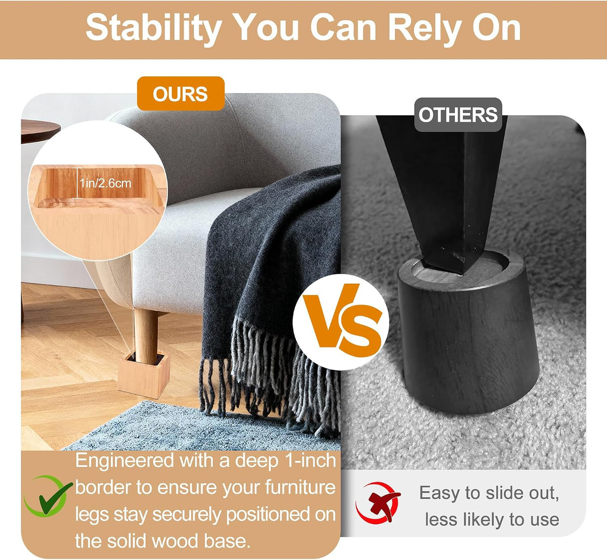 Wooden Bed Risers 3 Inch Heavy Duty, Support 2500 lbs, Nature