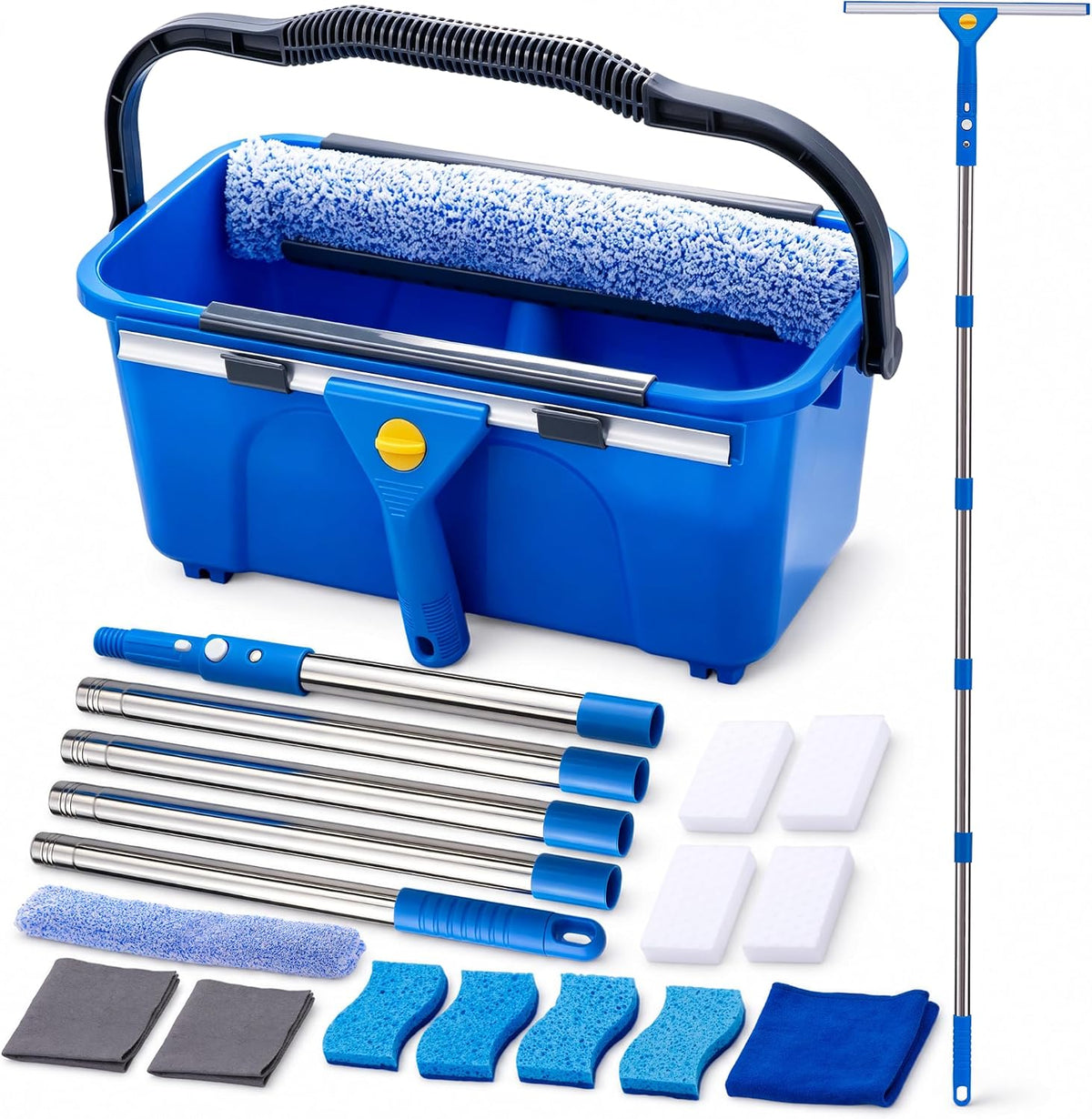Window Cleaning Kit with Bucket, 76" Extension Pole, Squeegee & Scrubber