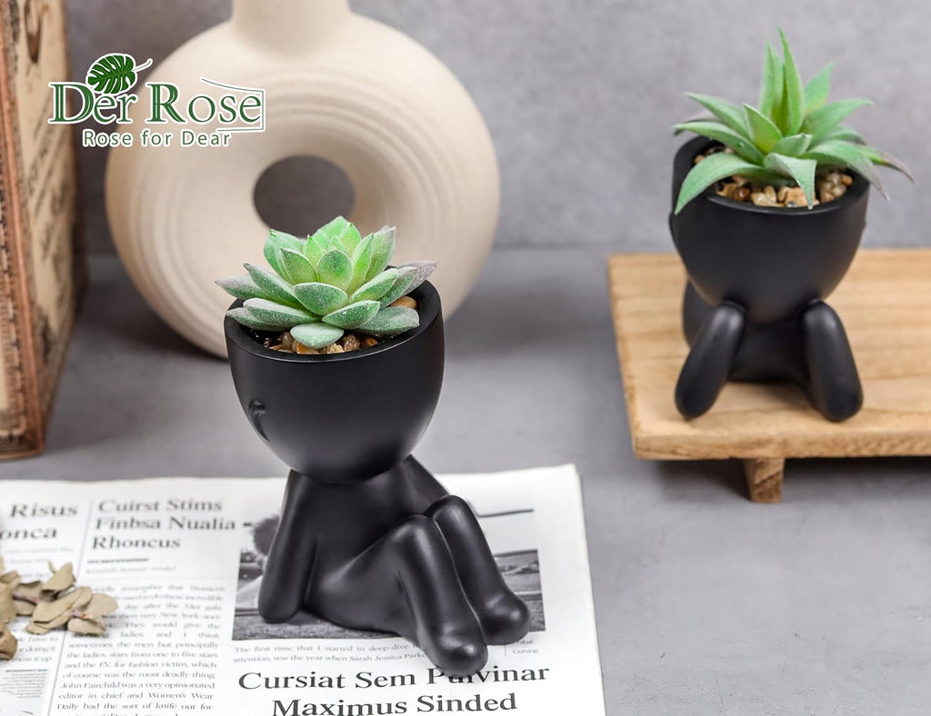 Der Rose 2 Pack Fake Succulents in Black Human Pots for Bathroom Decor