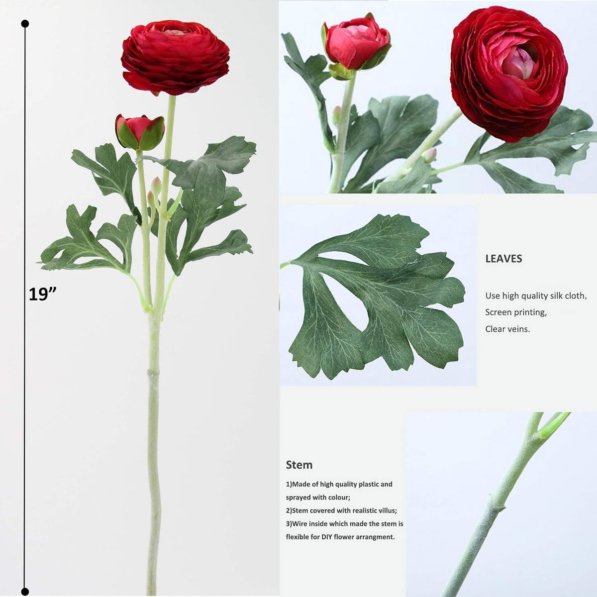 Artificial Ranunculus Flowers with Real Touch Stem, Silk Ranunculus Flowers(10 Pack) (Red)