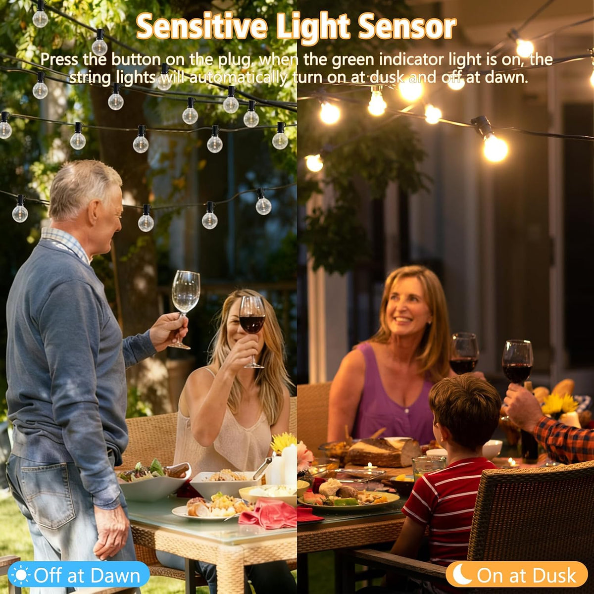 G40 50FT Outdoor String Lights, LED Globe Patio Lights with Light Sensor