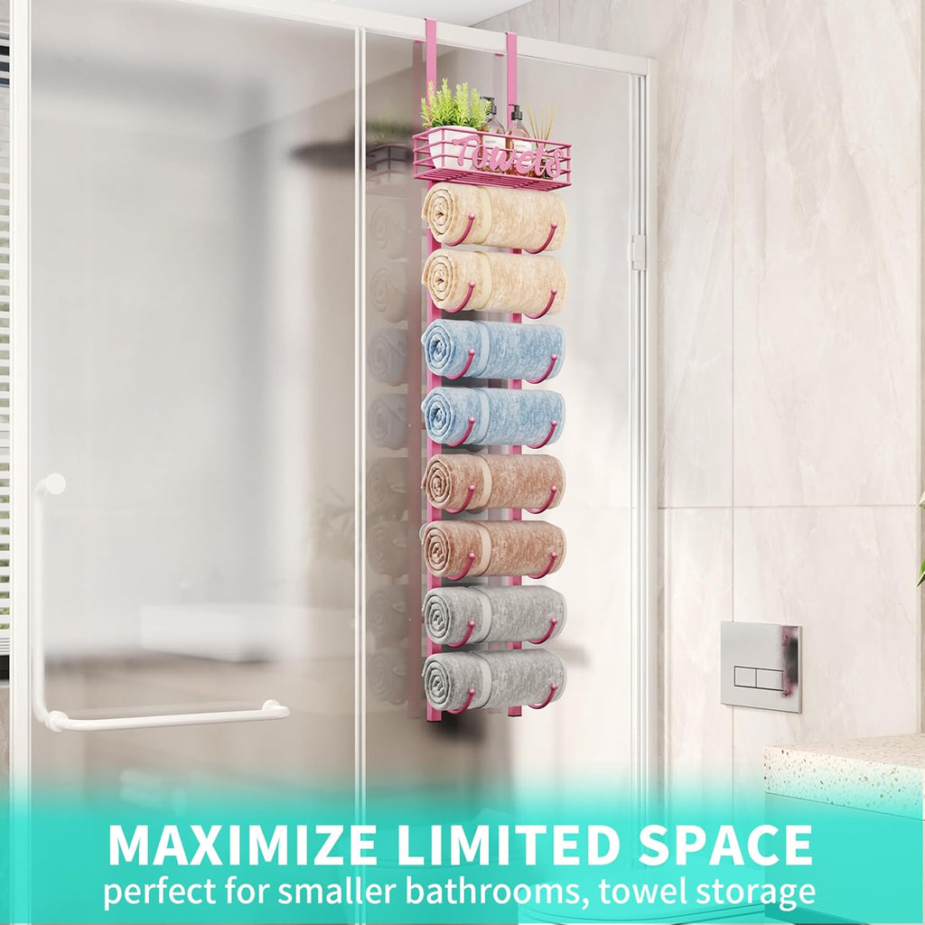 HapiRm Towel Racks for Bathroom Storage - 9 Tier Over The Door & Wall Mount Rolled Towel Storage Organizer Holder with Metal Shelf Basket for Small Bathroom, Camper, Rv - Pink, Patented