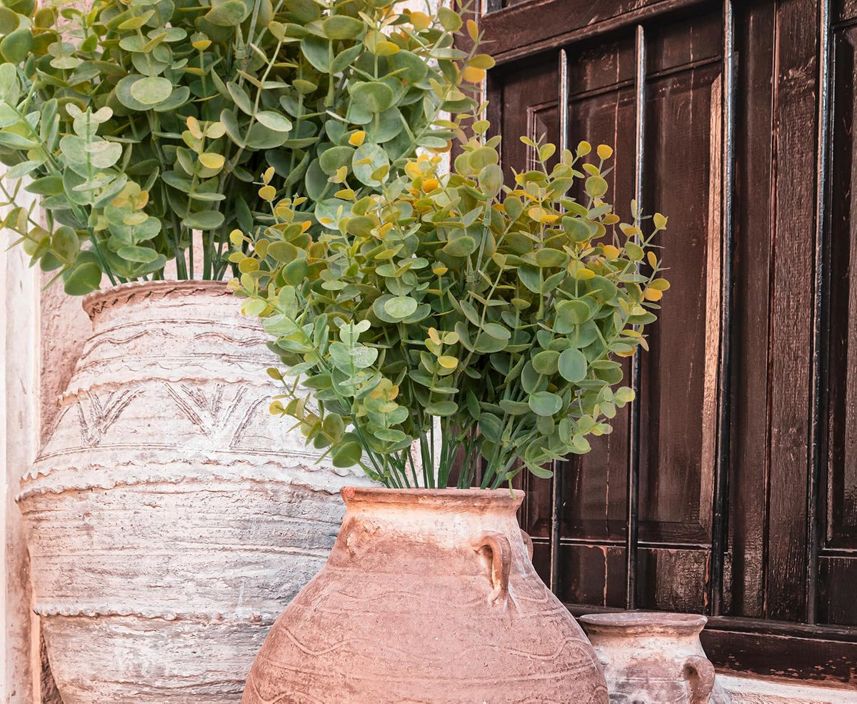 5Pcs Artificial Eucalyptus Stems，Artificial Greenery Fake Dust Frosted Eucalyptus Branches Leaves，Fake Plants for Decoration(Dusty Orange-13.8 in)