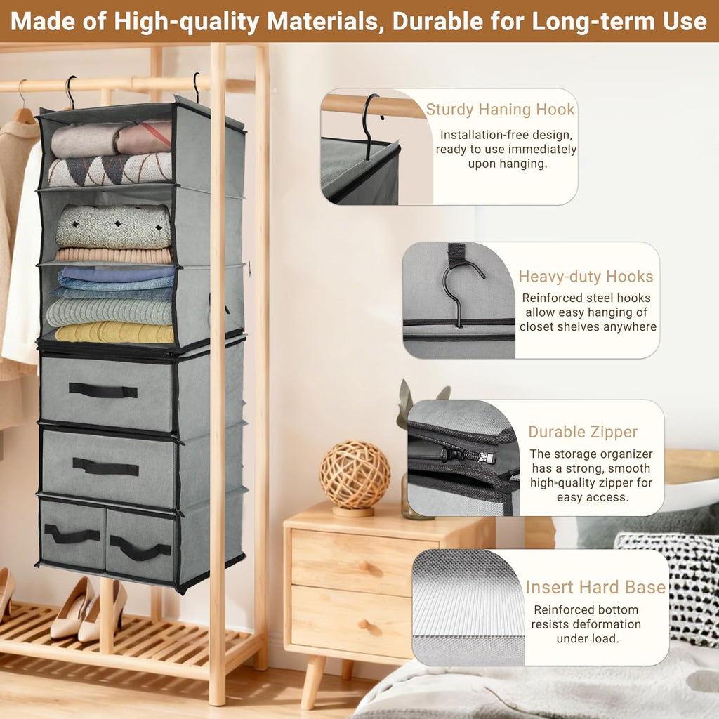 2-in-1 Durable 6-Tier Hanging Shelves Closet Organizer with 4 Removable Drawers,2 Separable 3-Shelf Hanging Clothes Storage Organization Space-saving for Clothing Rack,Bedroom,Bathroom,Guestroom,Dorm